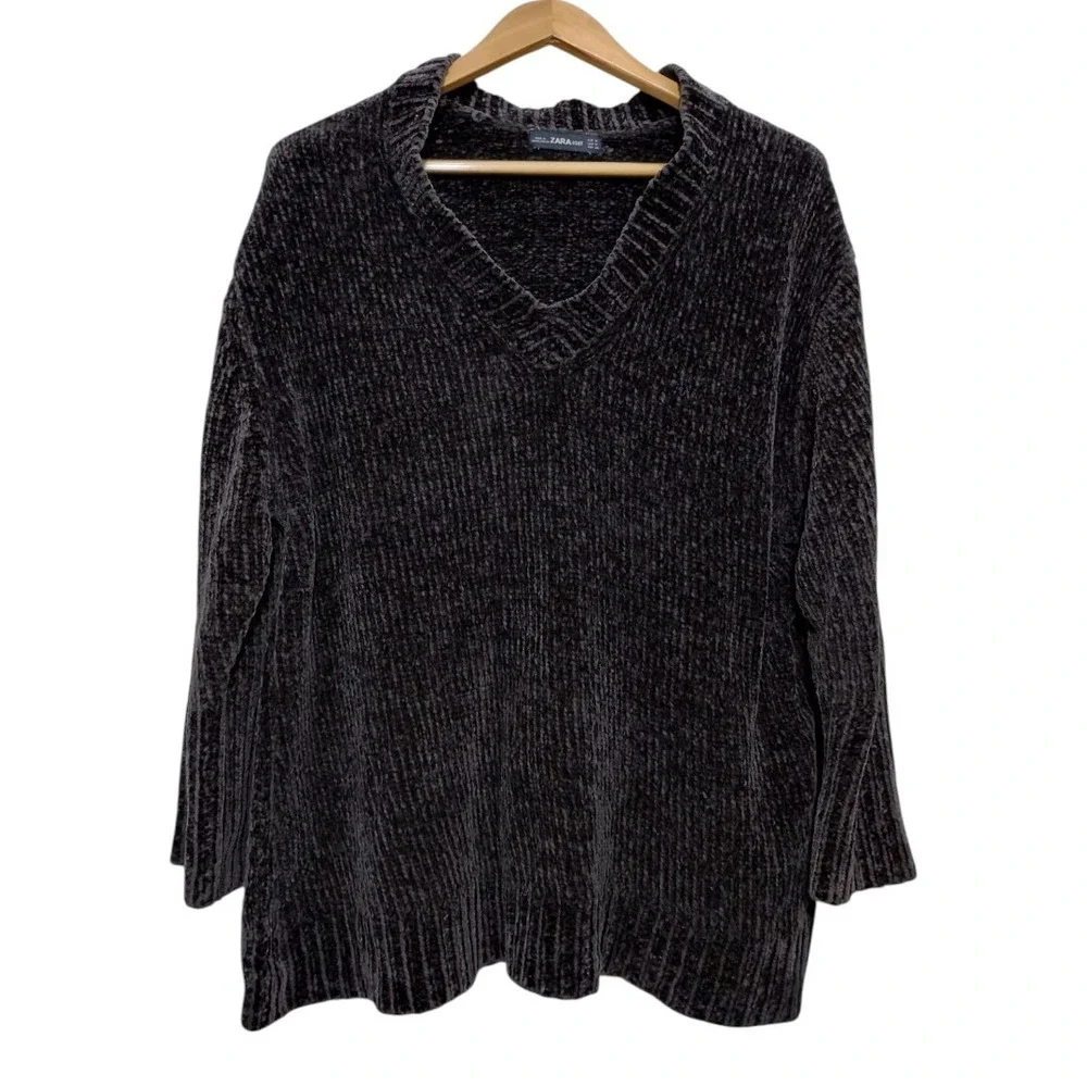 Zara Chenille Oversized V-Neck Sweater Womens M Charcoal Gray Grunge Preppy Soft
